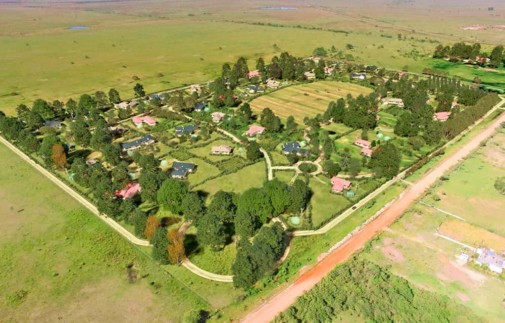Vista aérea de un barrio rodeado de campo, con arboledas y caminos internos